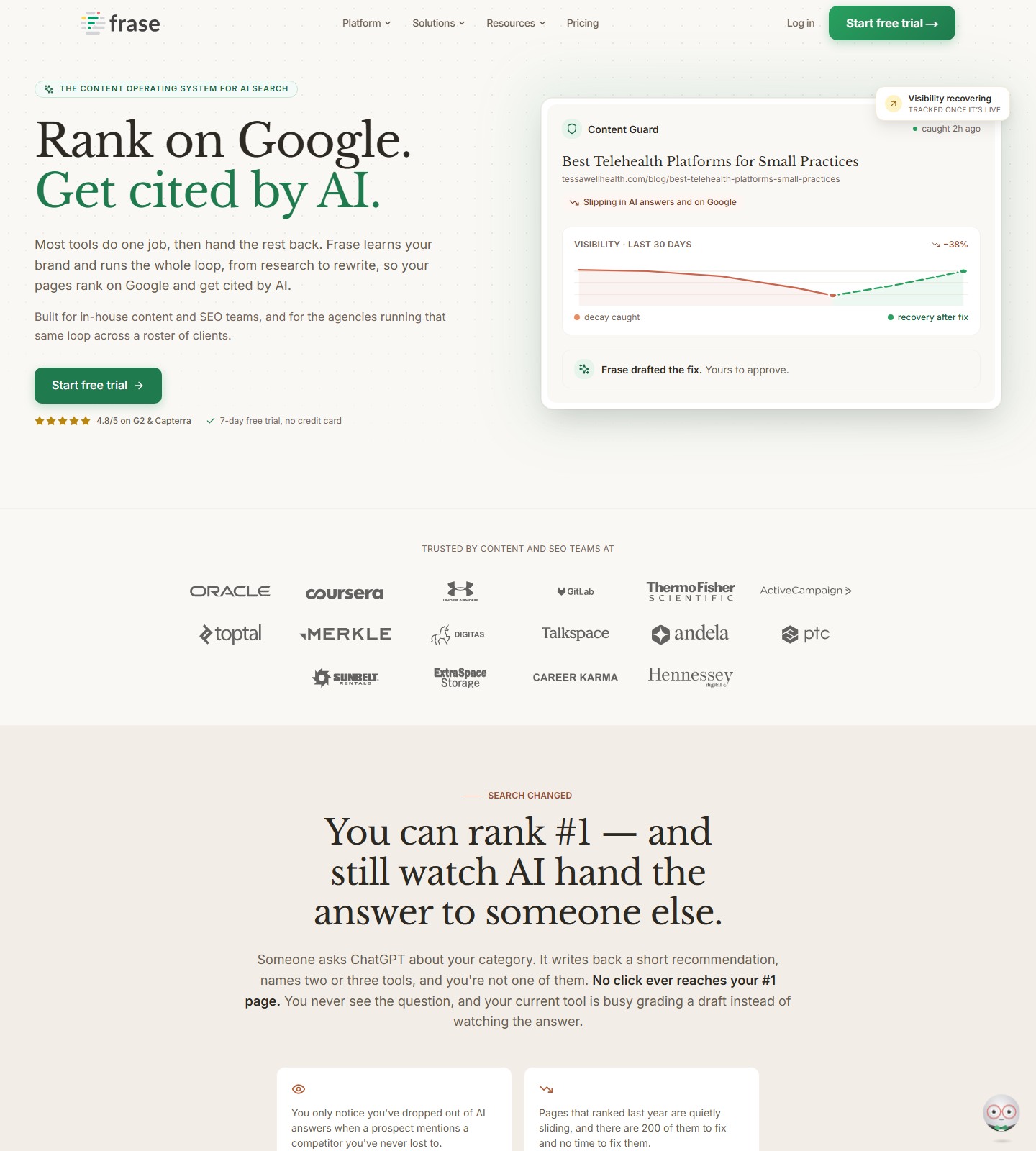 Frase homepage showing SEO and GEO content platform positioning
