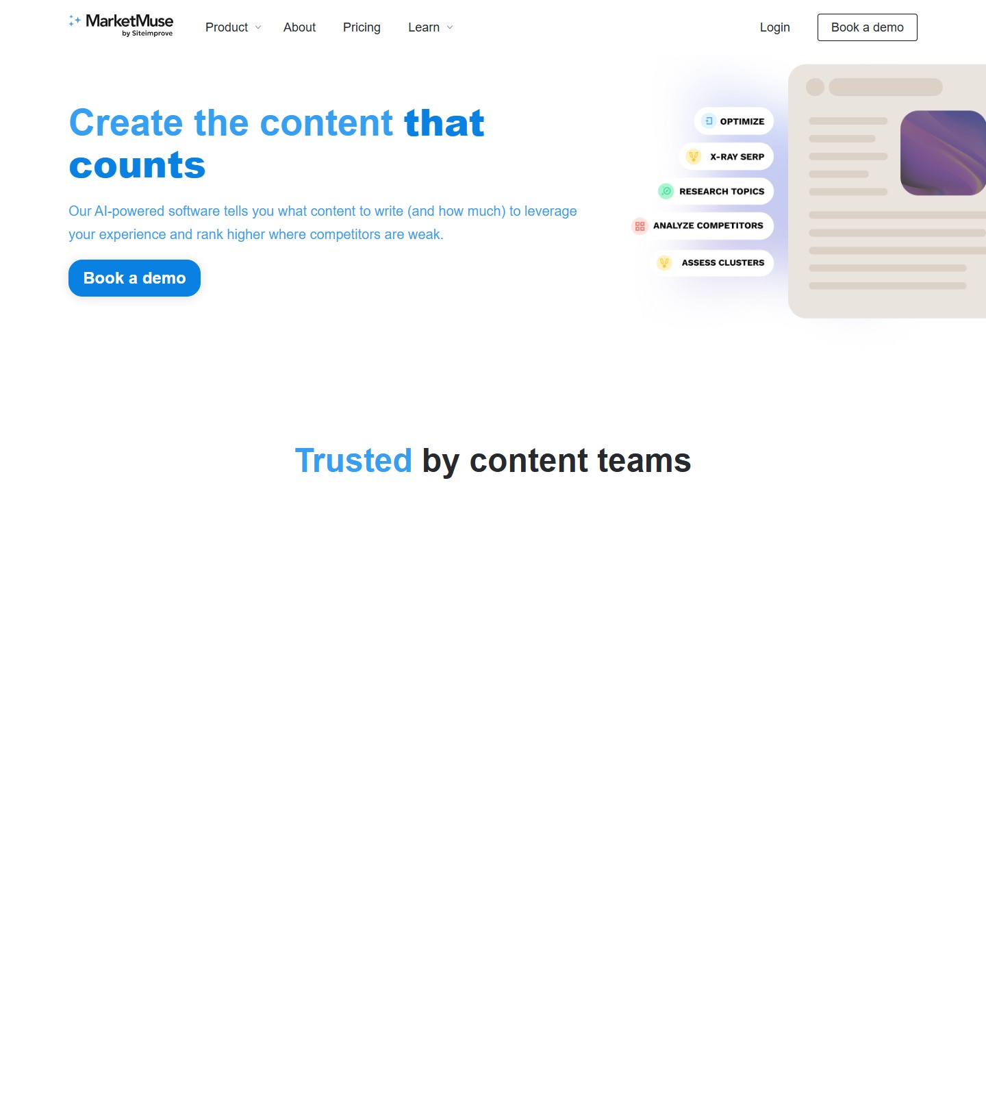 MarketMuse homepage showing AI content planning and optimization software