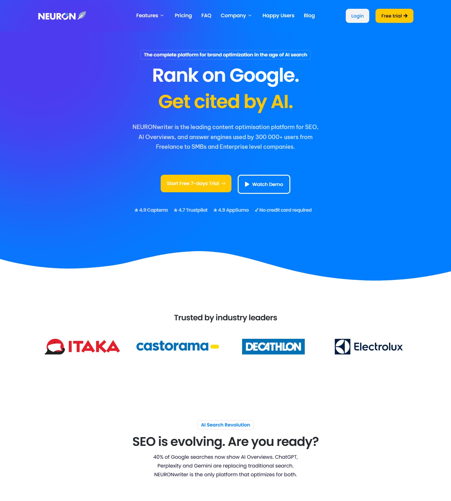 NeuronWriter homepage showing AI visibility and content optimization positioning