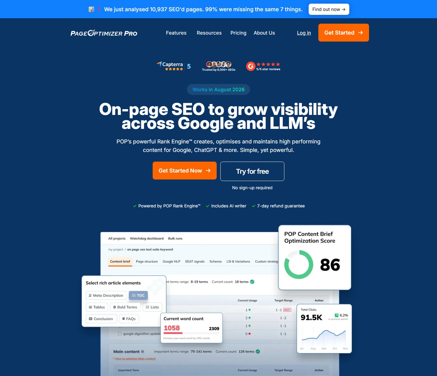 Page Optimizer Pro homepage showing on-page SEO and content optimization tools