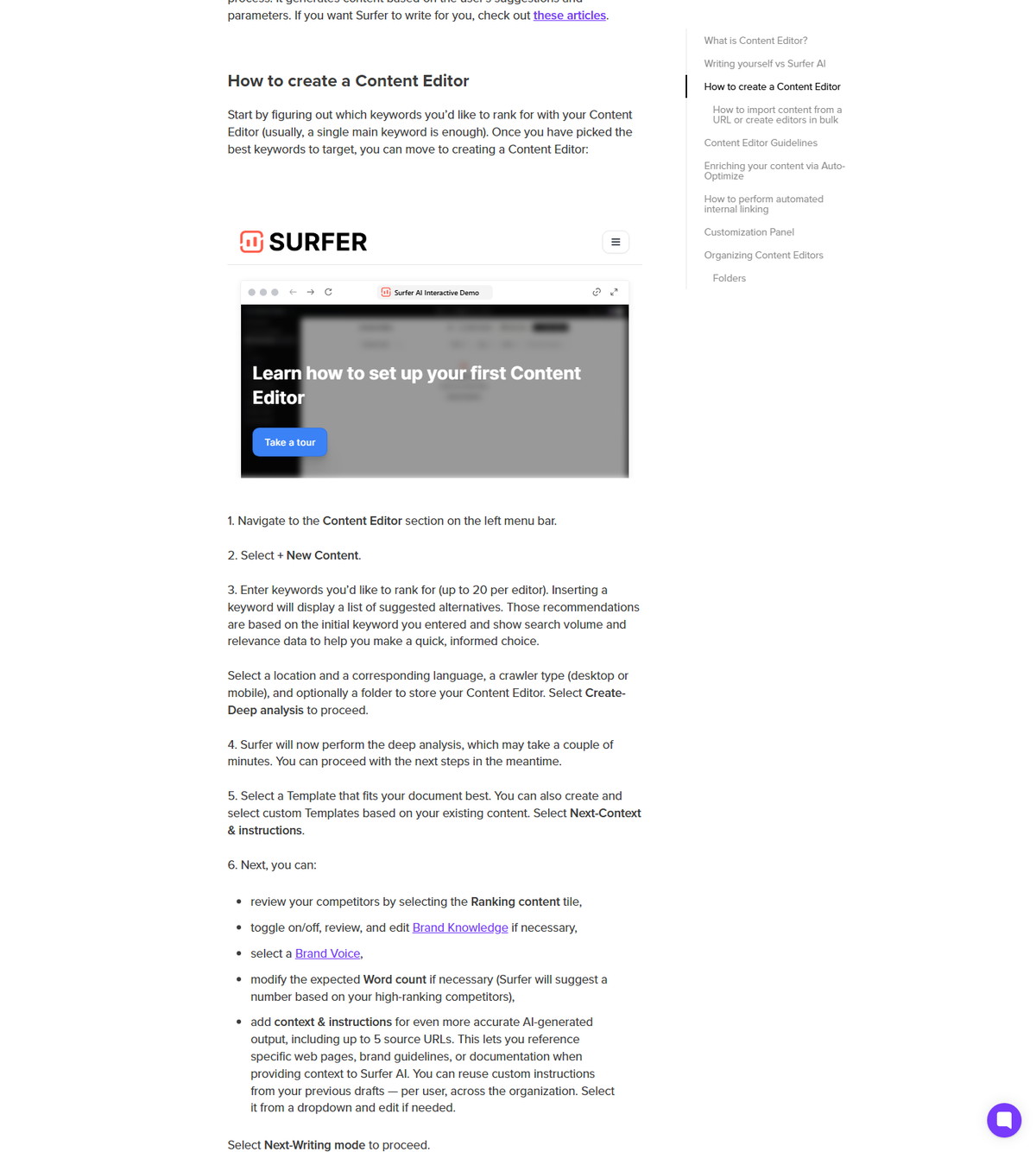 Surfer help documentation for creating a Content Editor