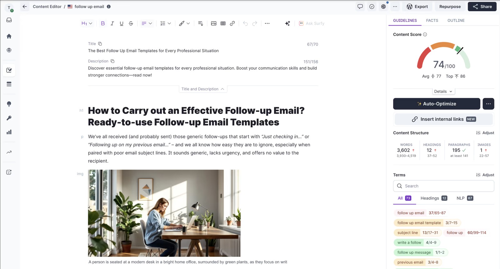 Surfer Content Editor with a draft and optimization guidelines