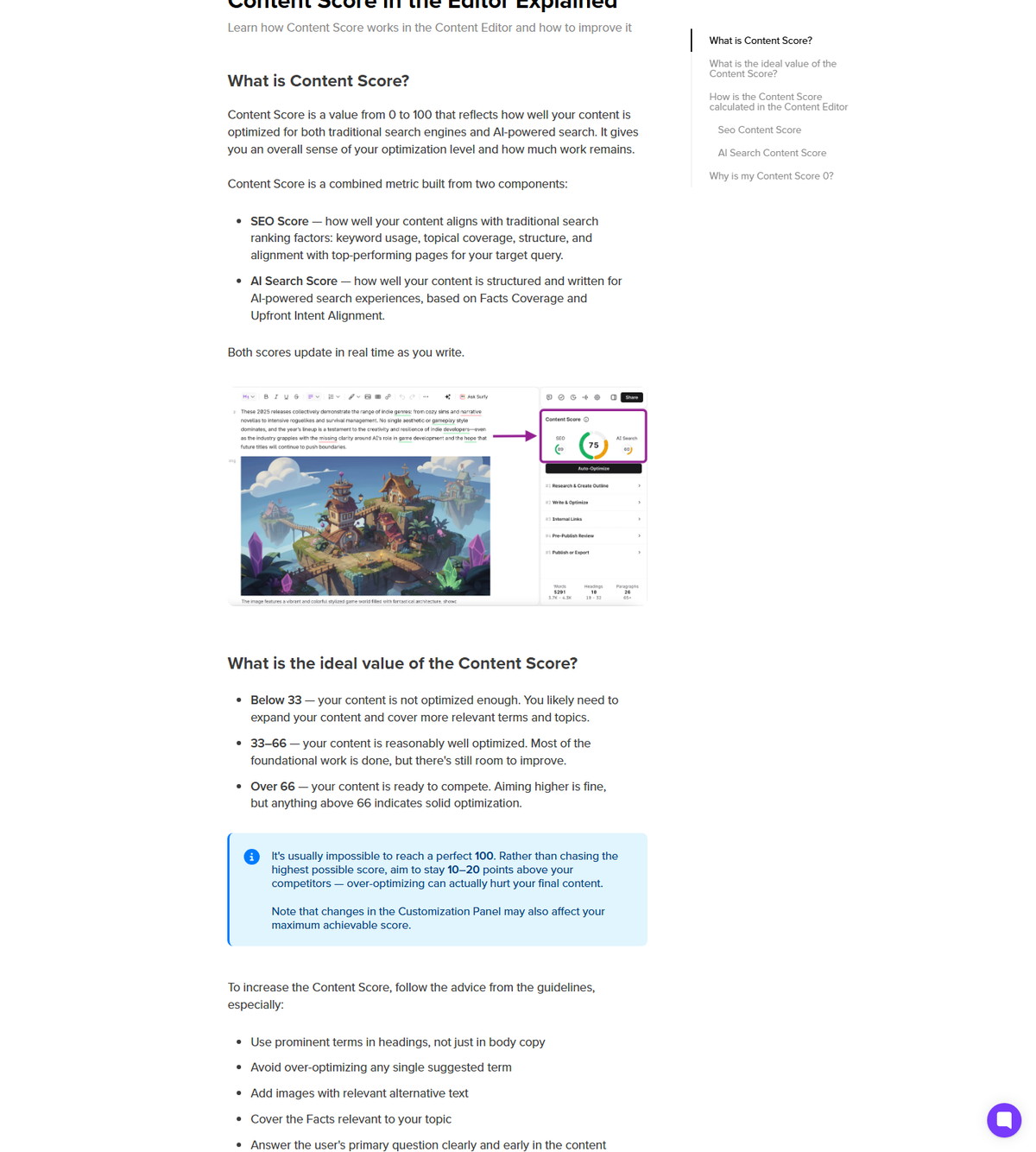 Content Score bands and scoring explanation