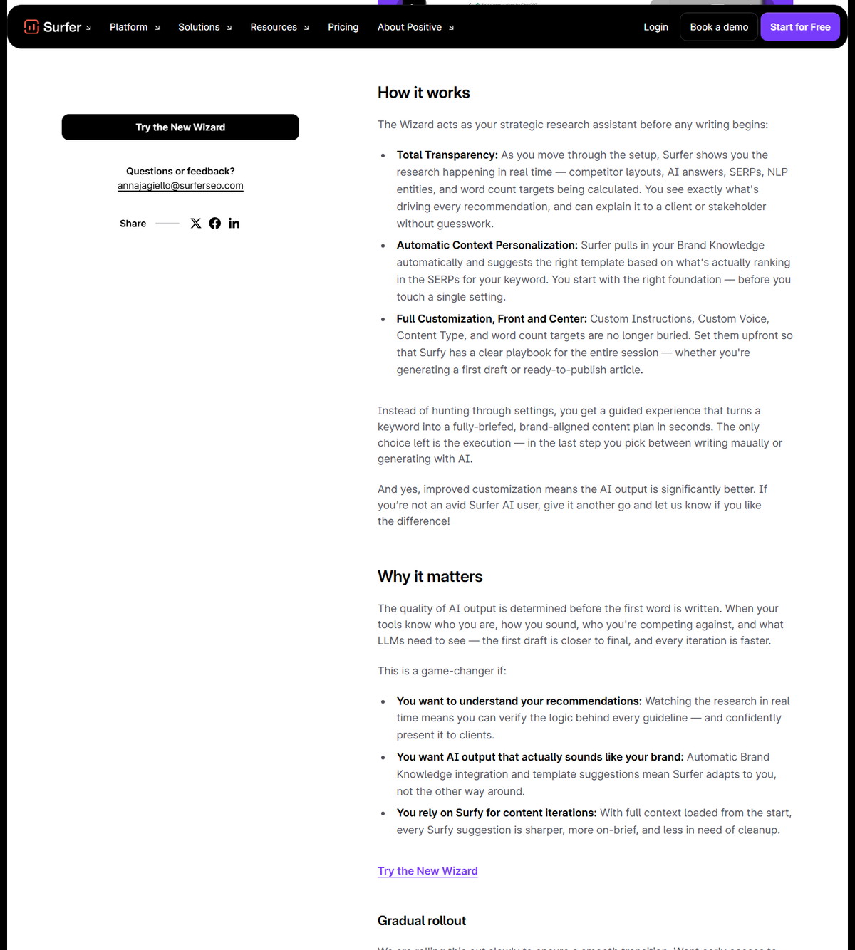 Surfer update post announcing the AI-powered Content Editor Wizard