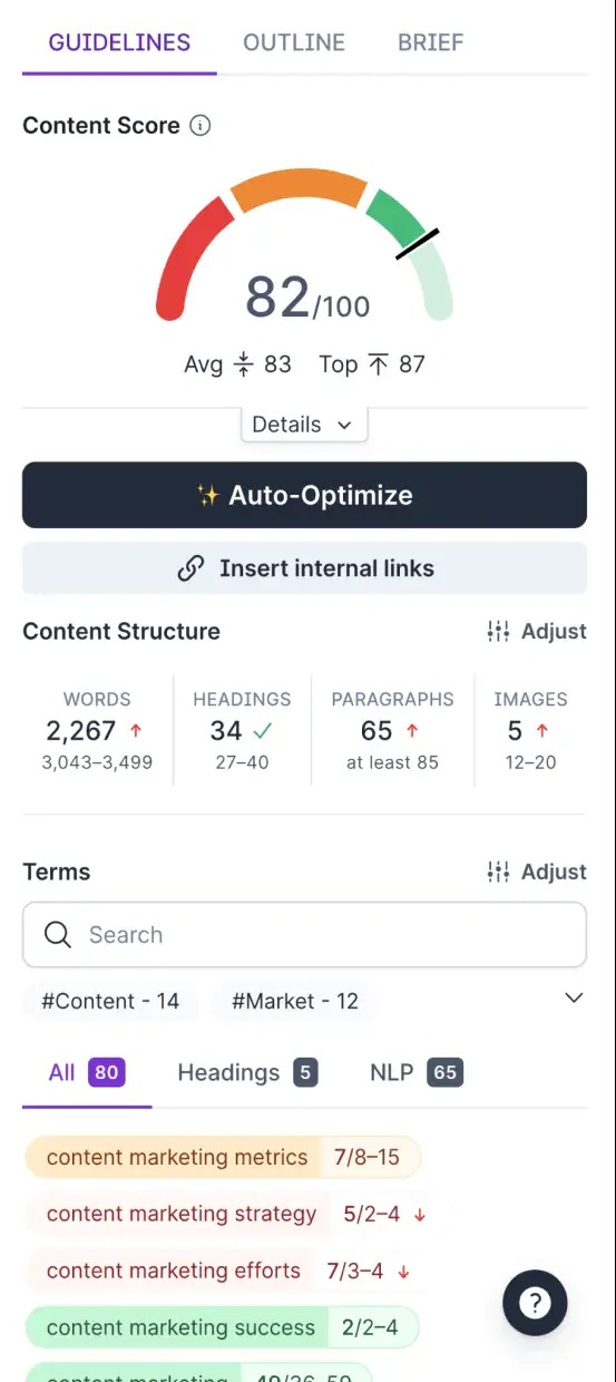 Surfer Content Score sample panel with term and structure recommendations