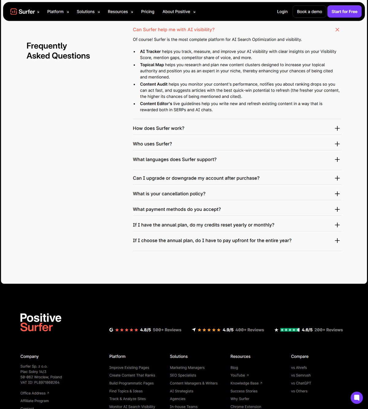 Surfer pricing page billing and cancellation FAQ