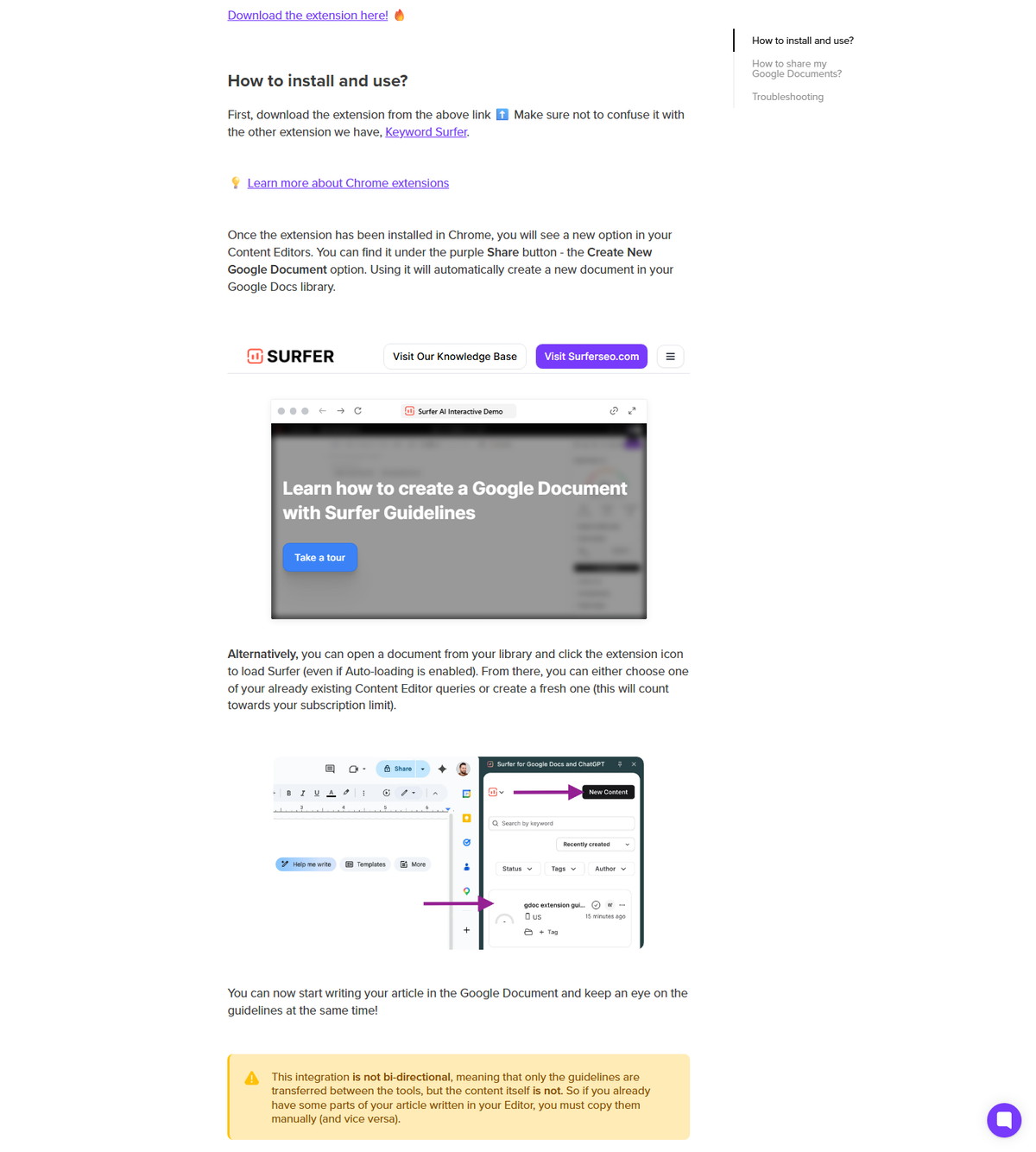 Surfer help documentation for creating or connecting a Google document
