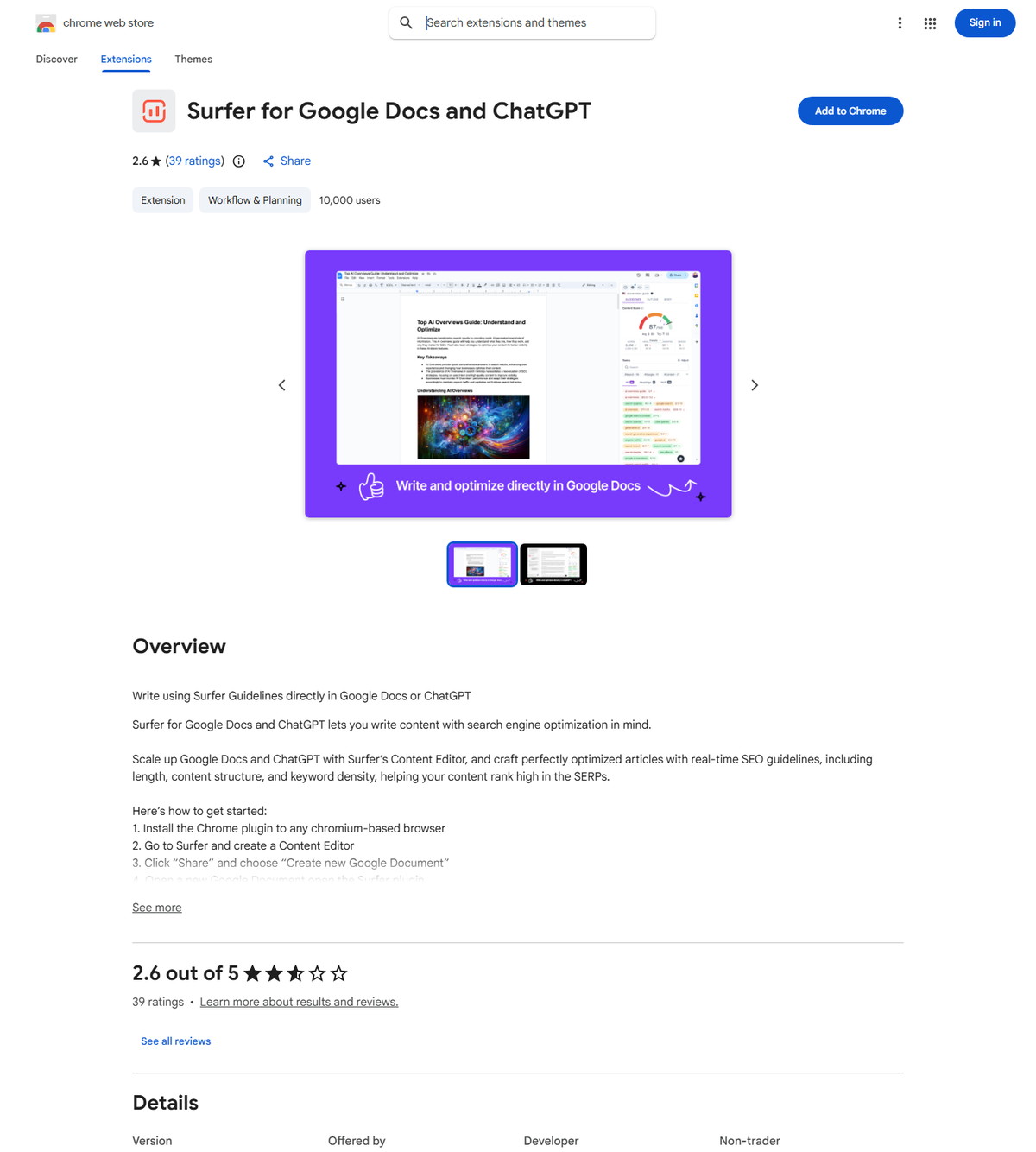 Surfer for Google Docs and ChatGPT official Chrome Web Store listing