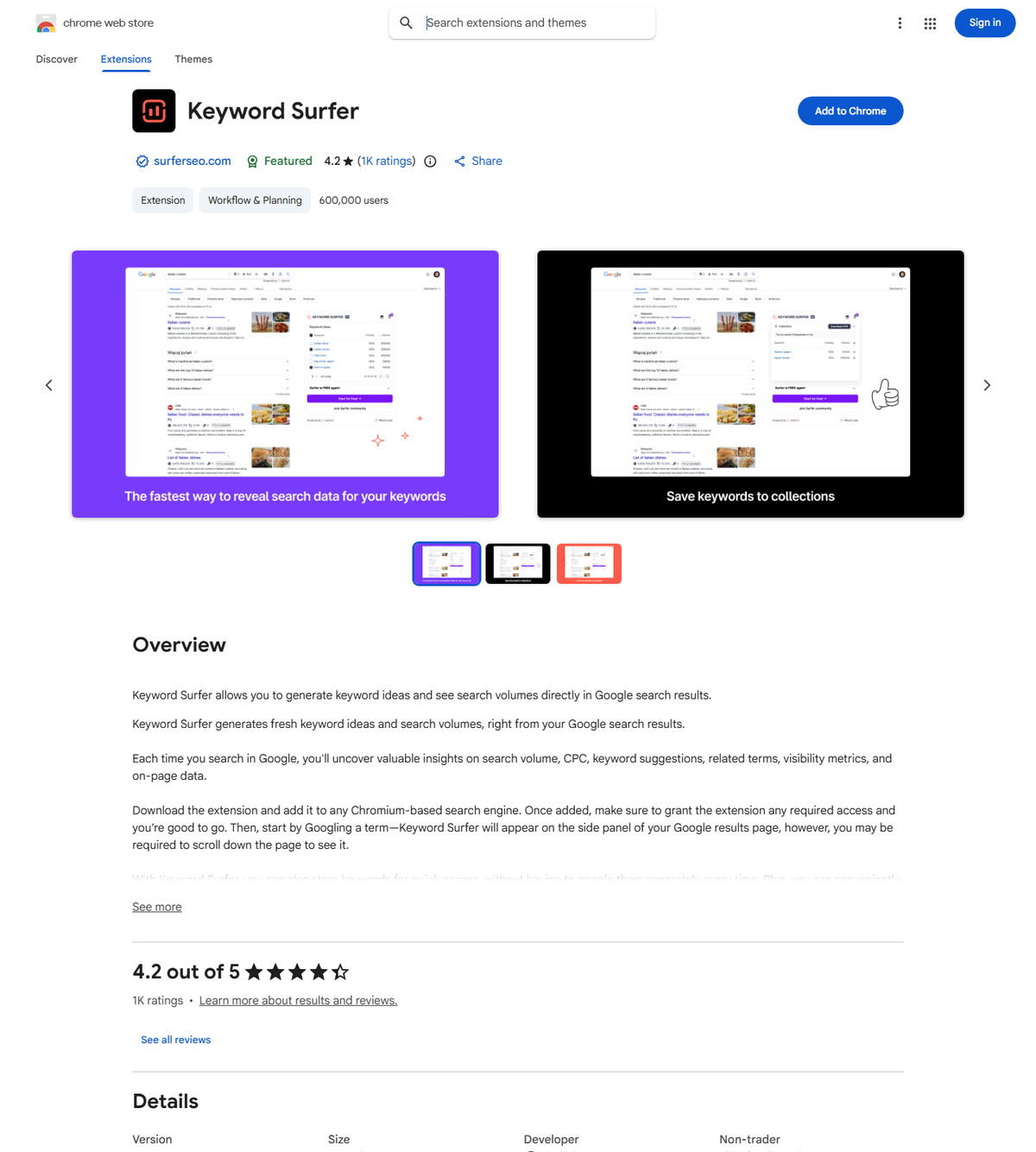 Keyword Surfer Chrome Web Store listing and official extension identity