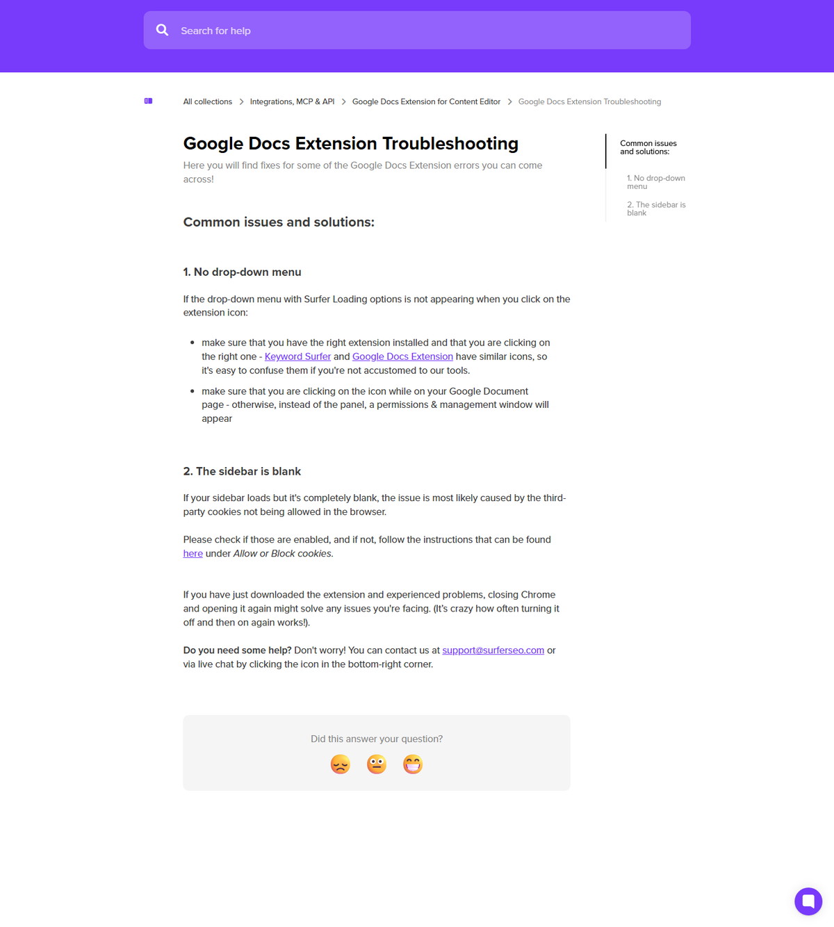 Surfer Google Docs extension troubleshooting guidance