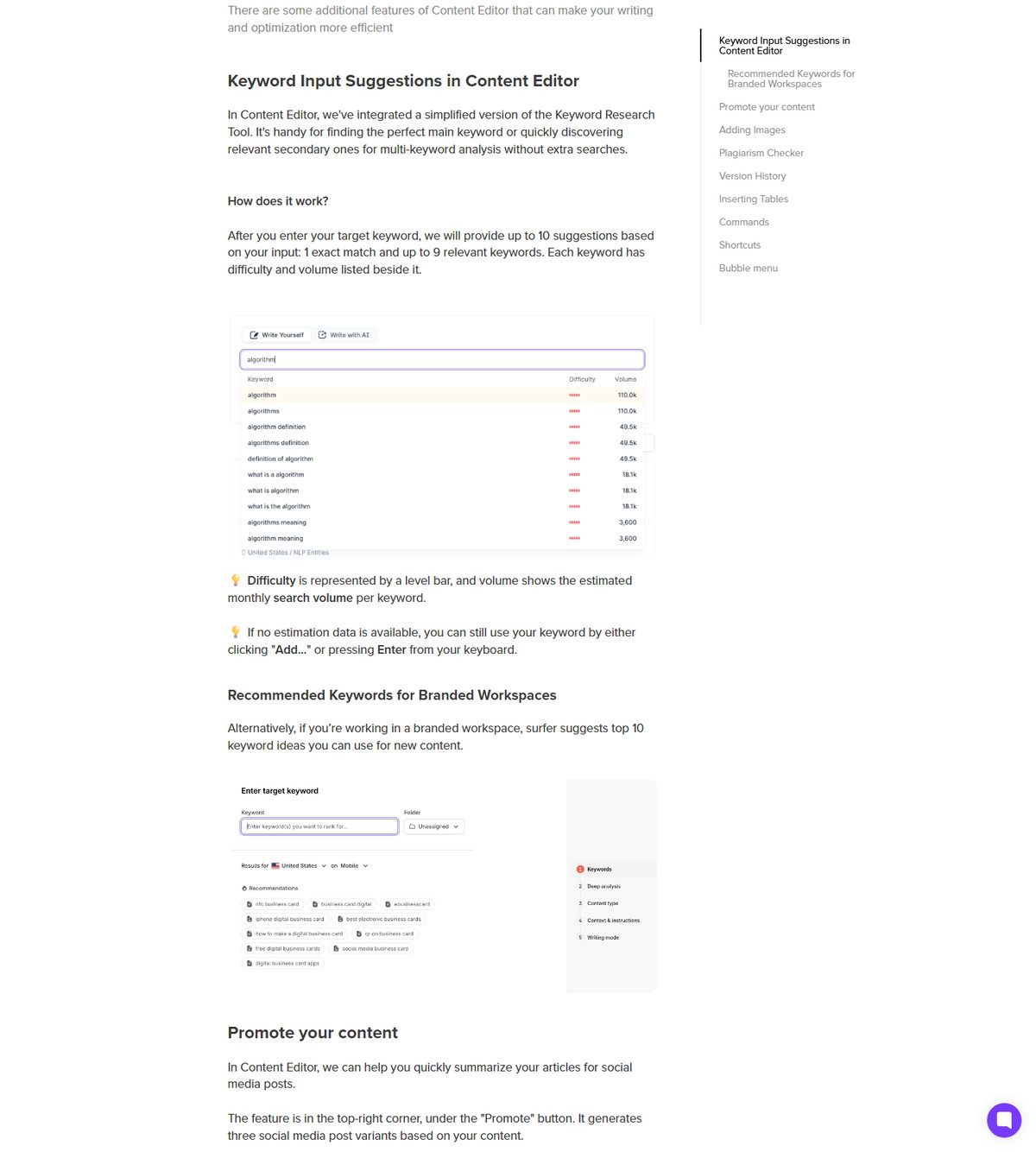 Surfer Content Editor keyword suggestions