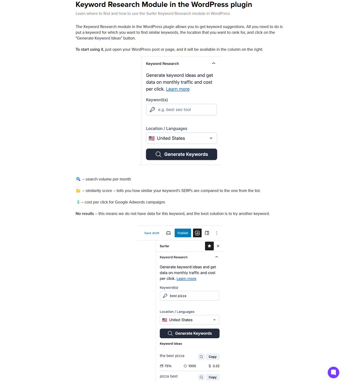 Surfer keyword module in the WordPress plugin