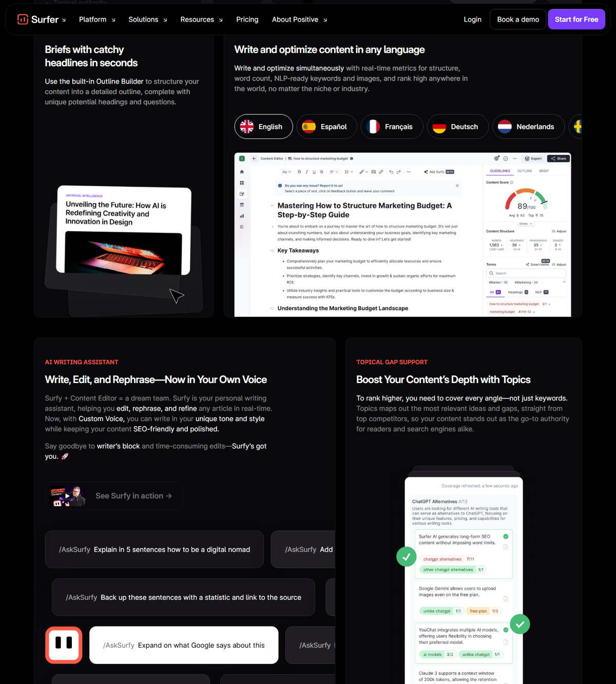 Surfer Content Editor product page with NLP positioning