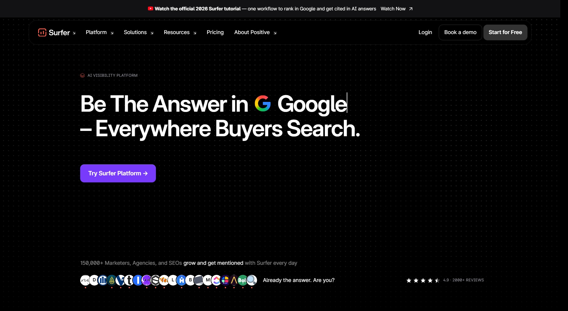 Surfer public homepage describing visibility across Google and AI search
