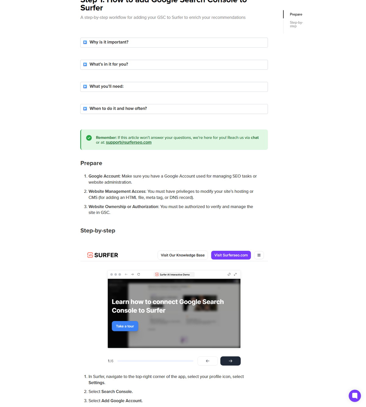 Surfer help article on adding Google Search Console