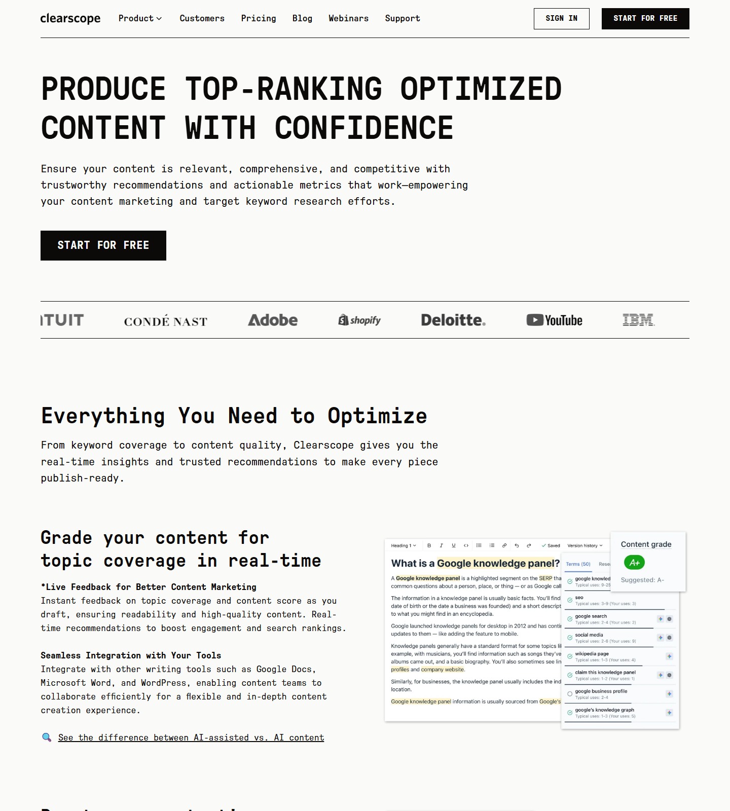 Clearscope Optimize page showing live topic-coverage feedback and editorial integrations