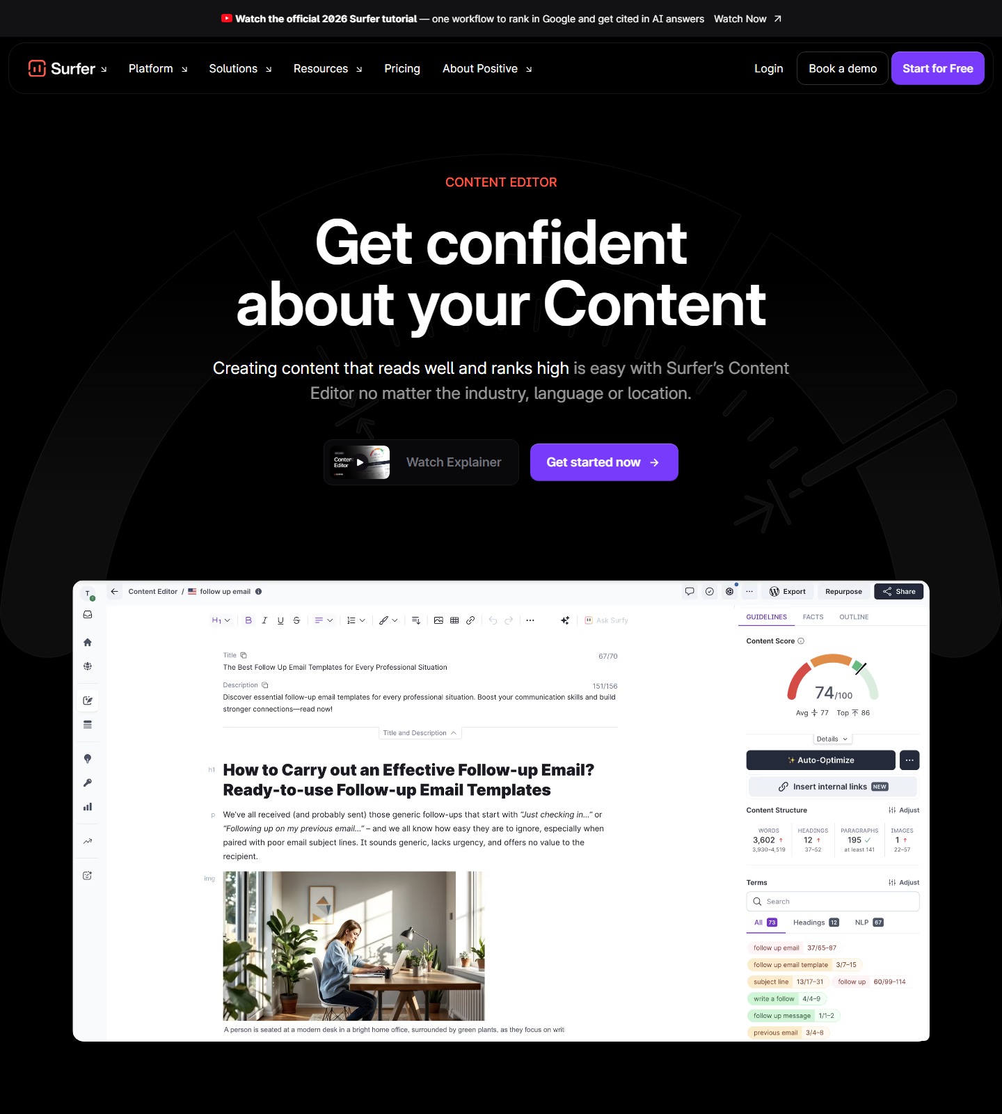 Surfer Content Editor page showing content score guidance and integrations