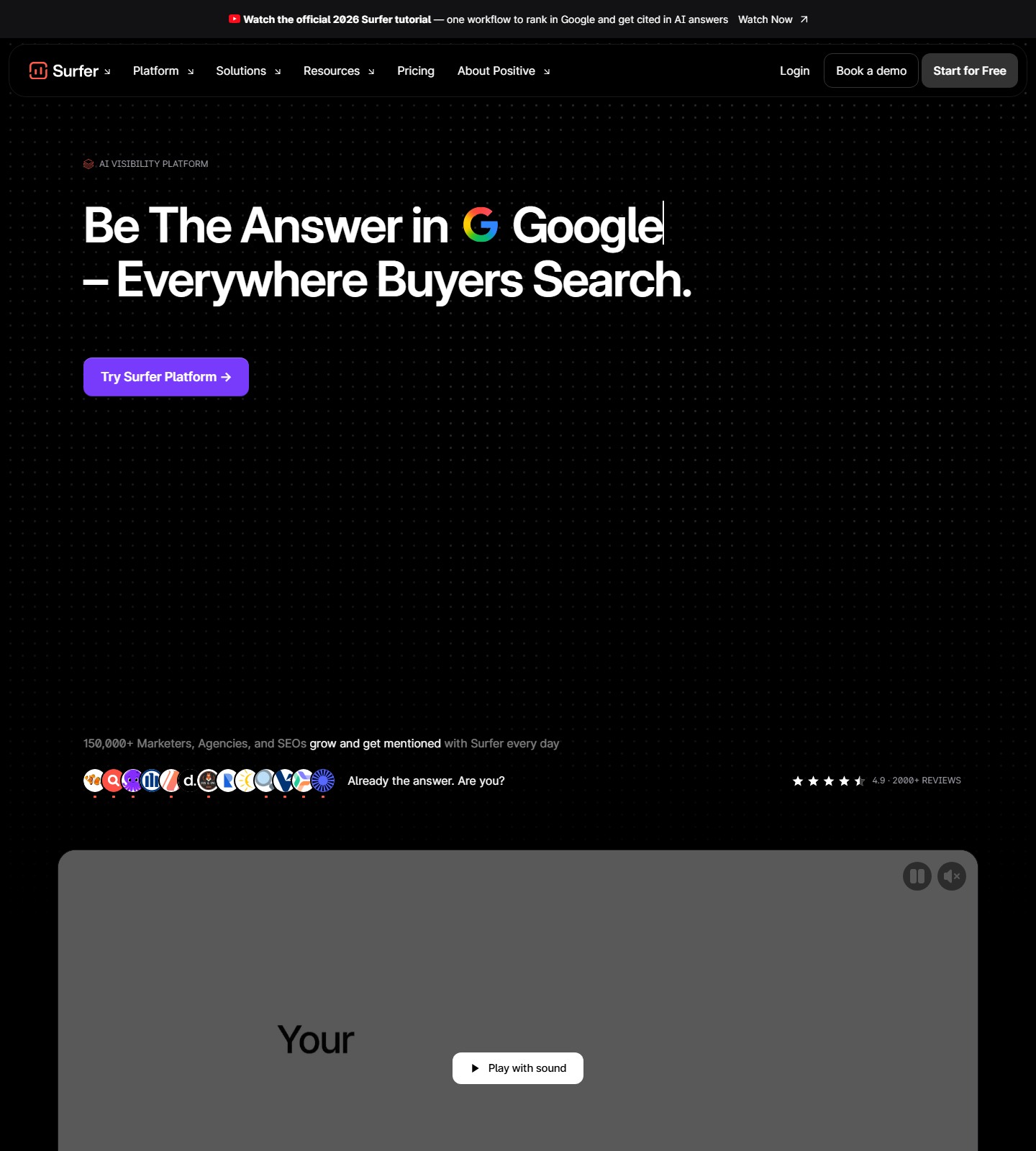 Surfer SEO homepage showing its AI search visibility positioning and content workflow