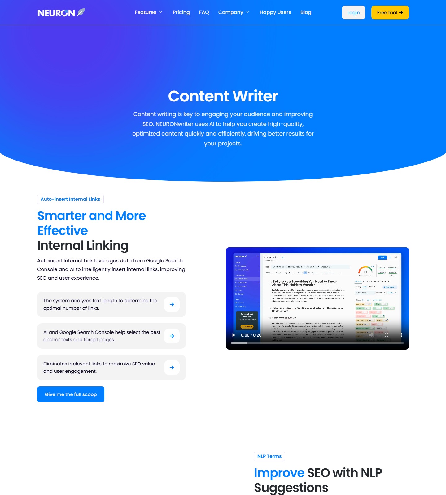NeuronWriter Content Writer showing NLP suggestions, content guidance, and CMS workflow features