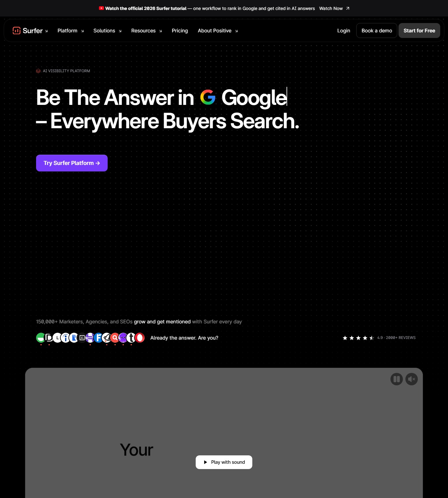 Surfer SEO homepage showing its Google and AI search visibility positioning