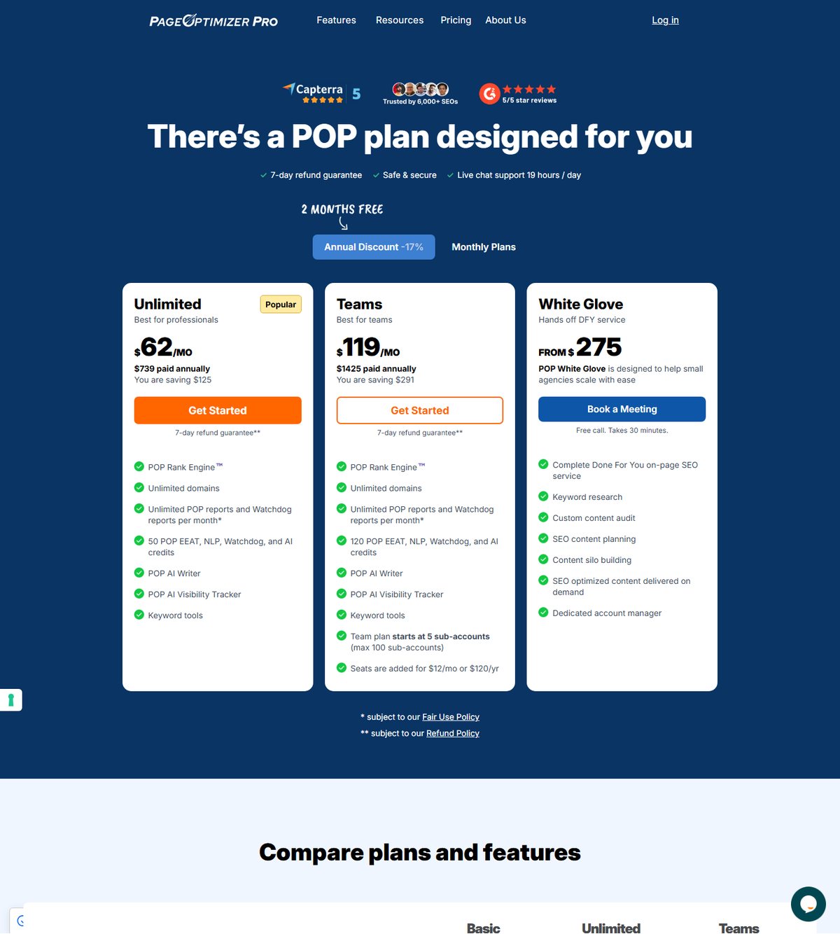 Page Optimizer Pro pricing showing Basic, Unlimited, and Teams allowances