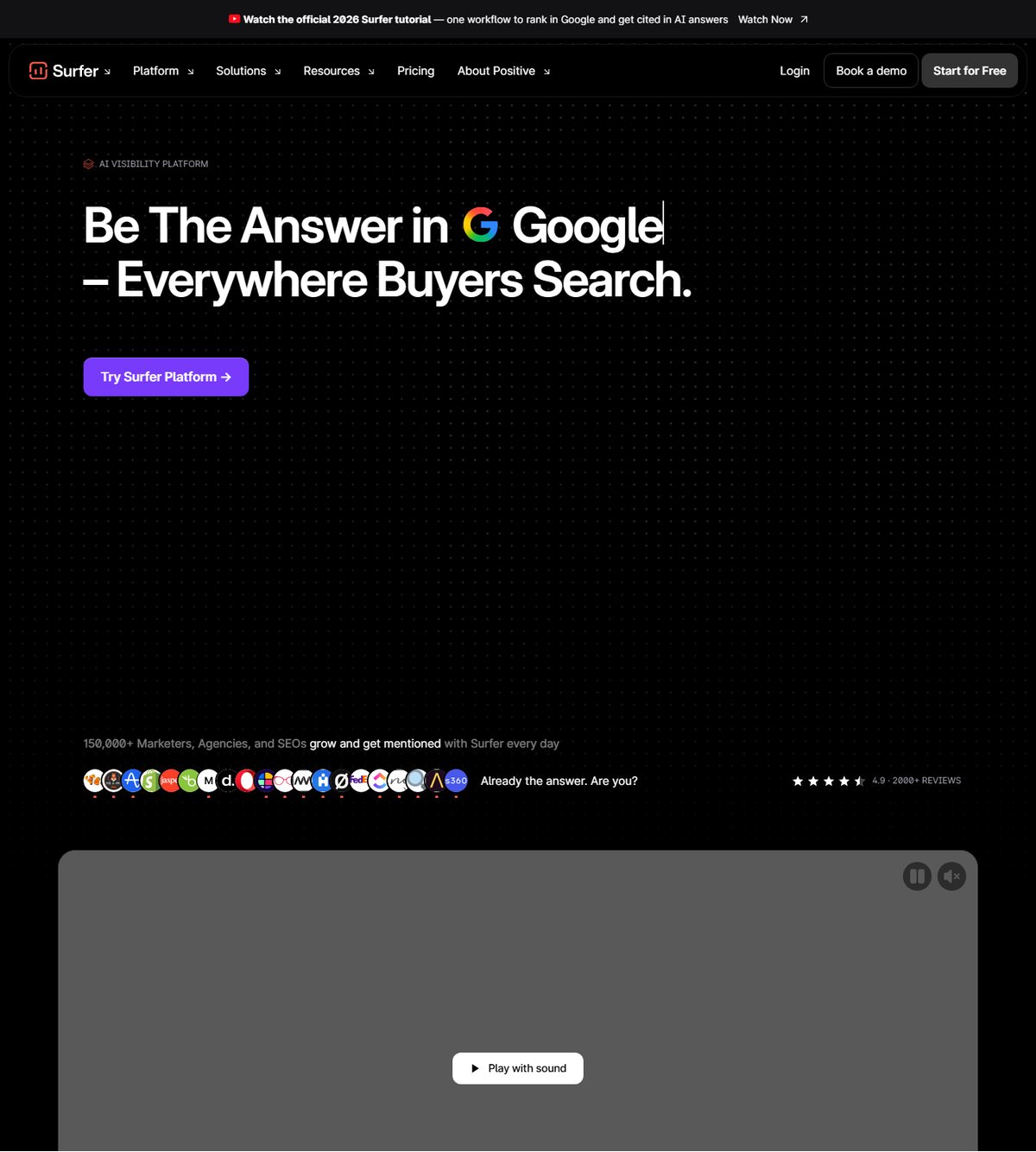 Surfer SEO homepage showing its connected Google and AI search workflow