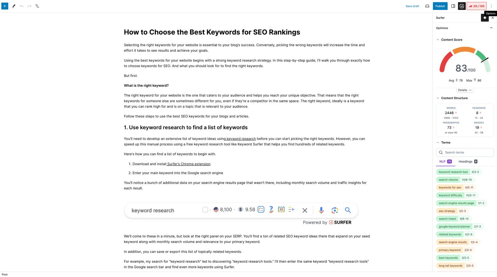Surfer WordPress workflow with the Content Score sidebar