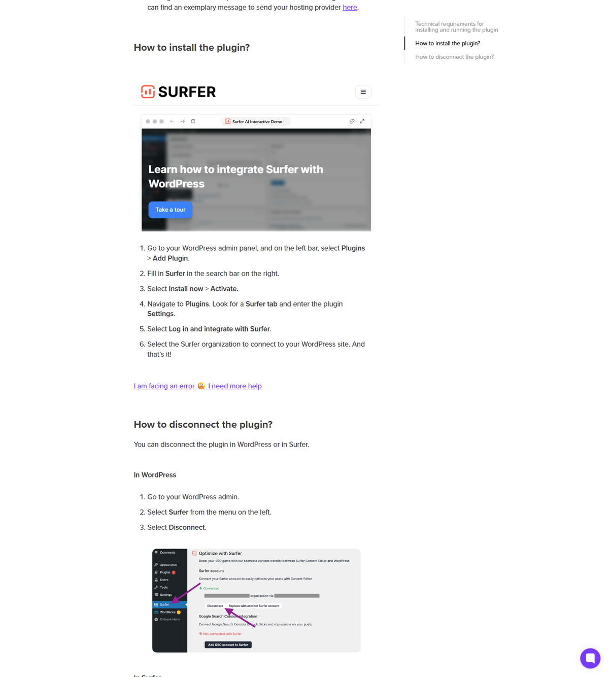Surfer help article explaining the WordPress plugin
