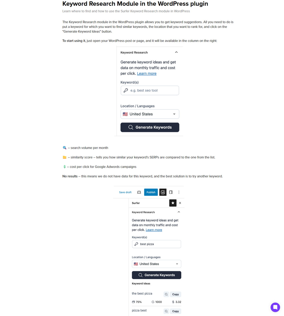 Surfer keyword research module in the WordPress plugin