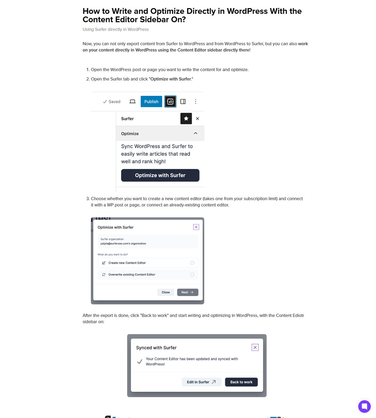 Surfer help article explaining the Content Editor sidebar in WordPress