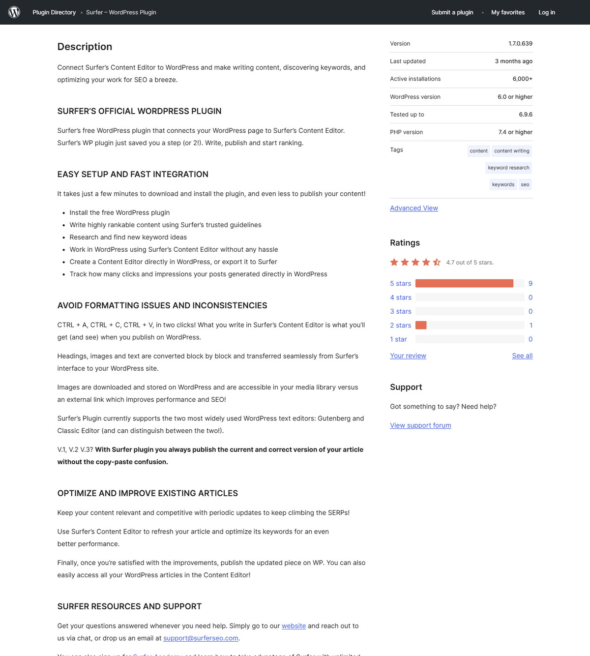 Surfer plugin listing on WordPress.org