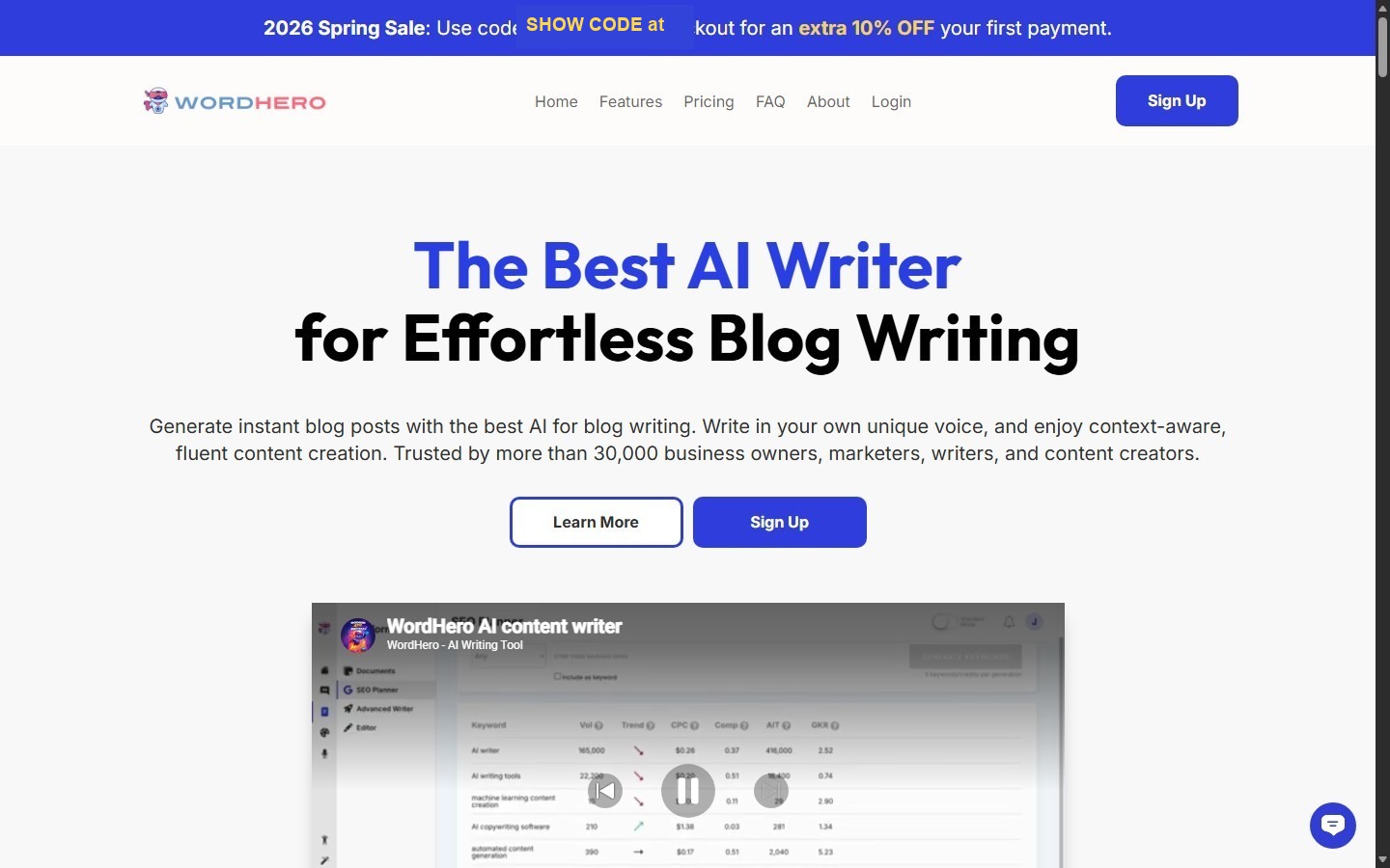 WordHero homepage showing the current Spring Sale promotion and code