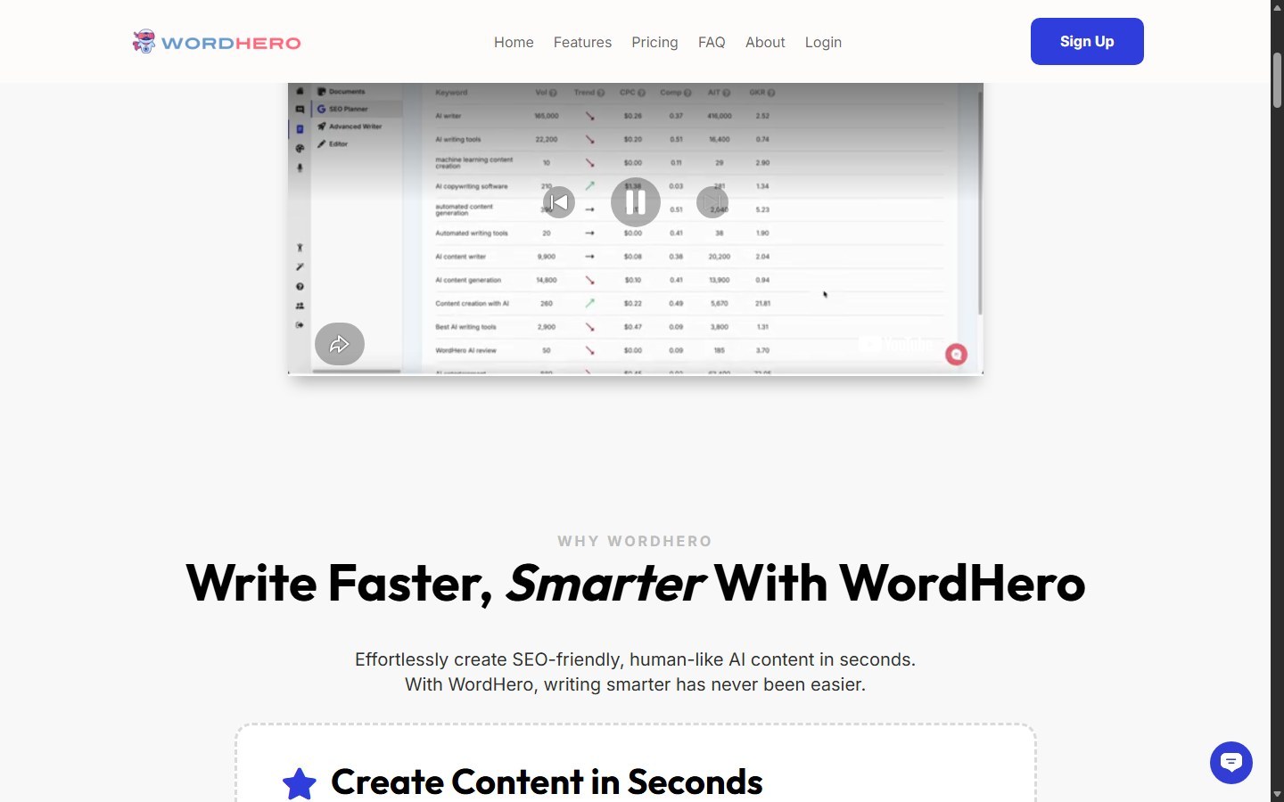 WordHero homepage showing AI blog writing, Brand Voice, and SEO positioning
