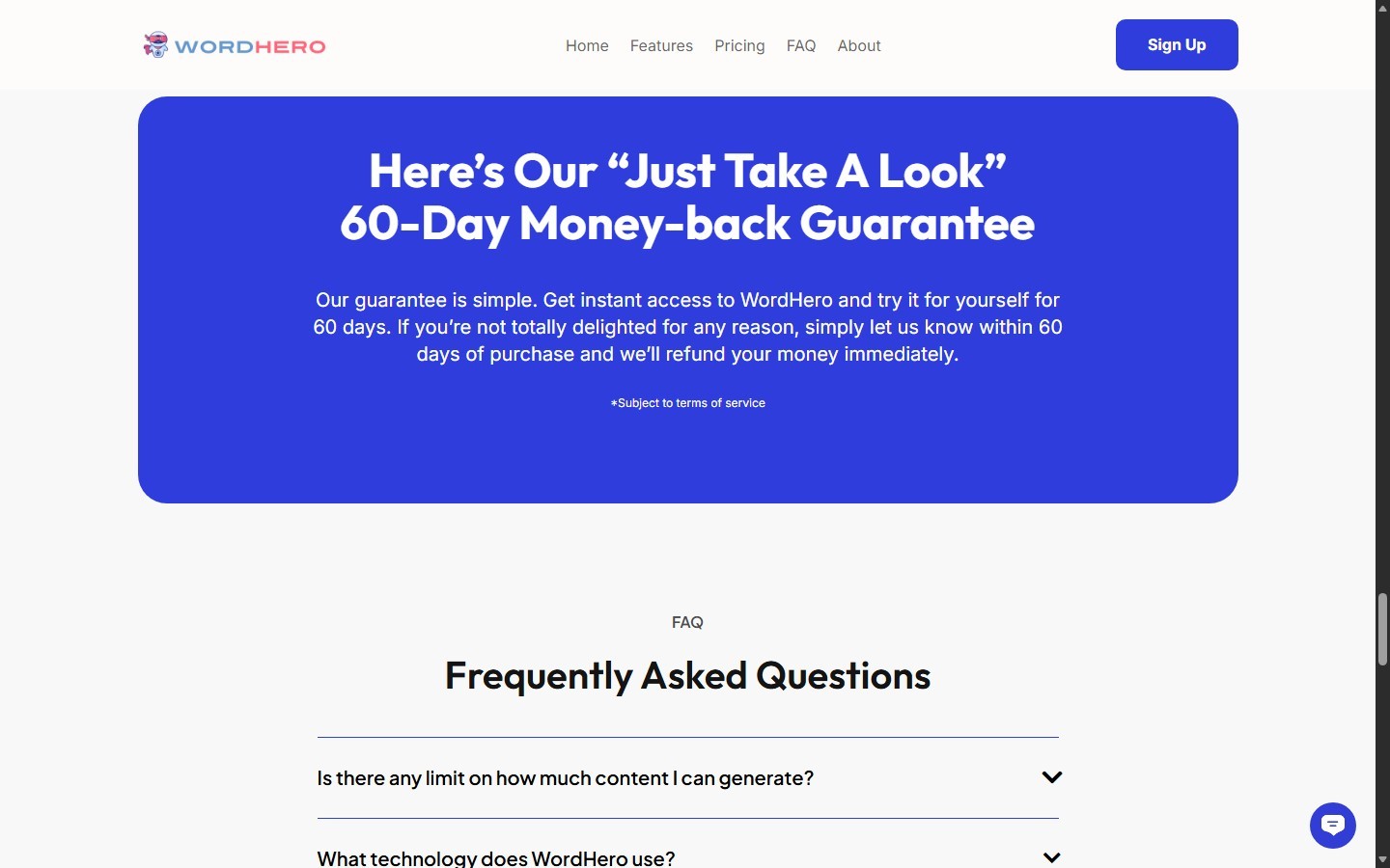 WordHero Lifetime Special Offer displaying its 60-day money-back guarantee
