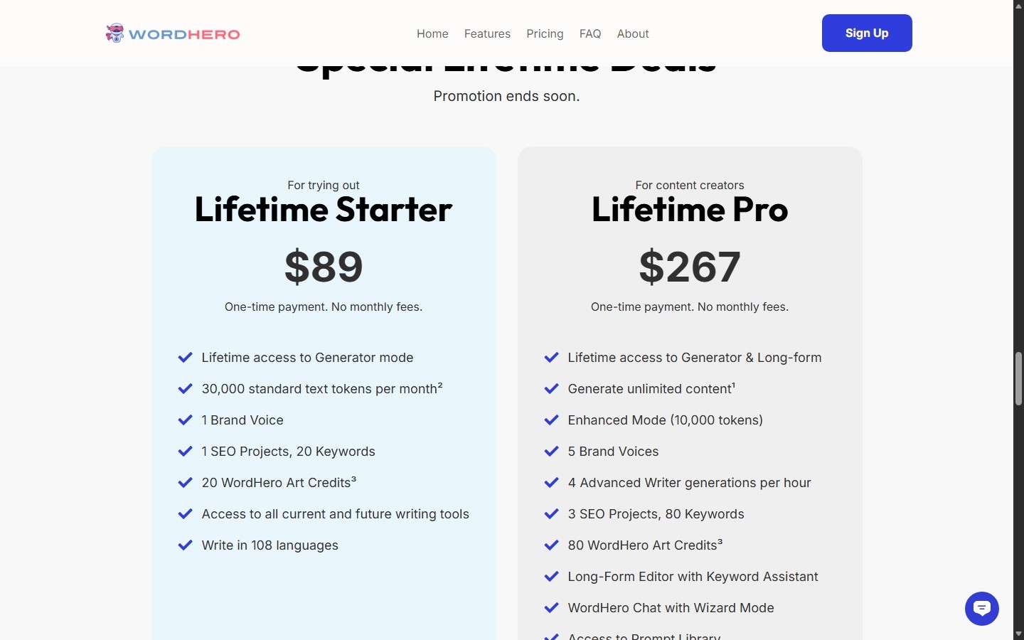 WordHero Lifetime Starter and Lifetime Pro pricing