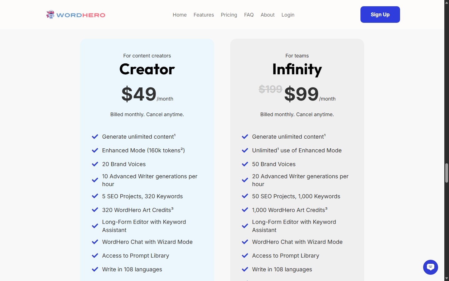 WordHero monthly pricing for Creator and Infinity plans
