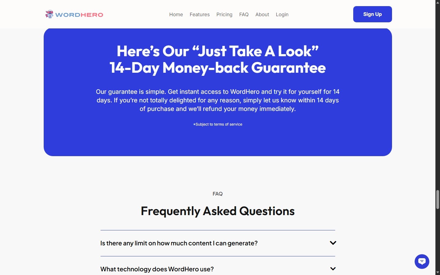 WordHero homepage displaying its 14-day money-back guarantee
