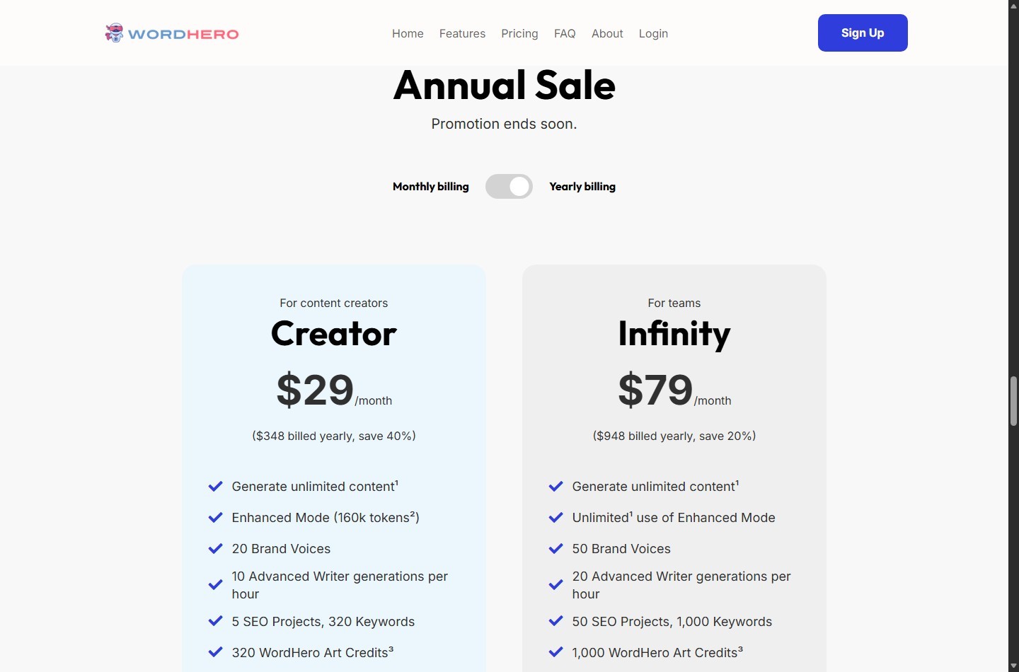 WordHero annual Creator and Infinity subscription pricing cards