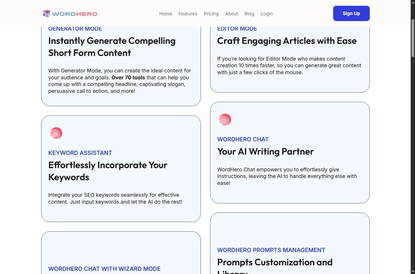 WordHero Generator Mode, Editor Mode, Keyword Assistant, Chat, and prompt tools