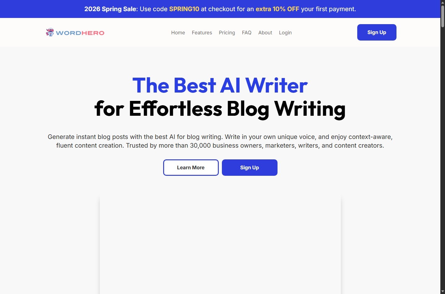WordHero homepage positioning as an AI writer for blog creation
