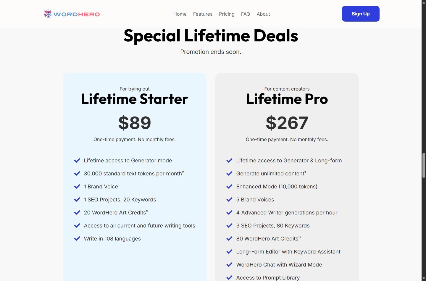 WordHero Lifetime Starter and Lifetime Pro pricing cards