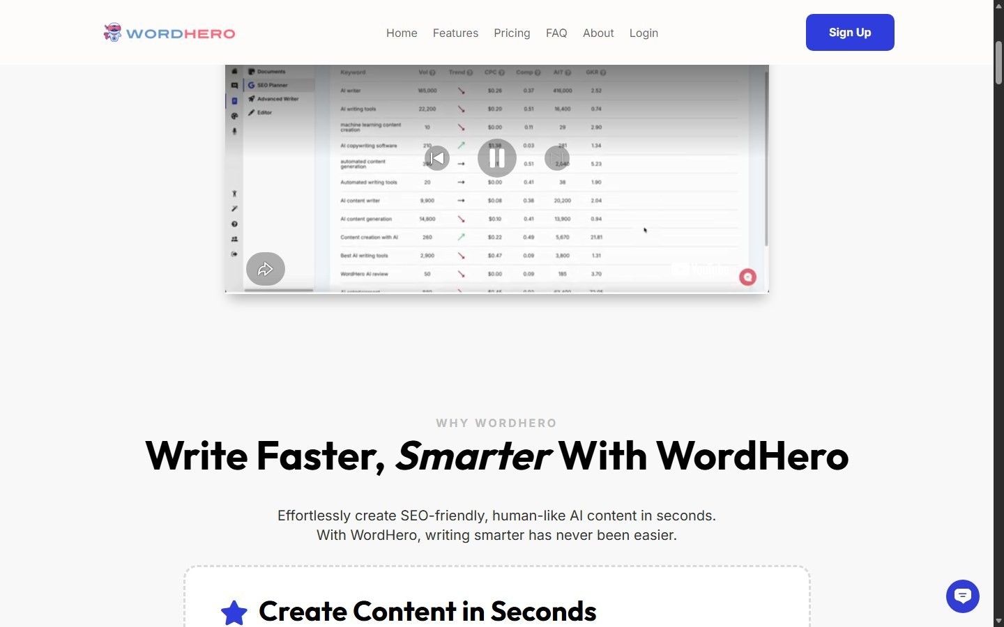 WordHero AI writing workspace and SEO-friendly content positioning