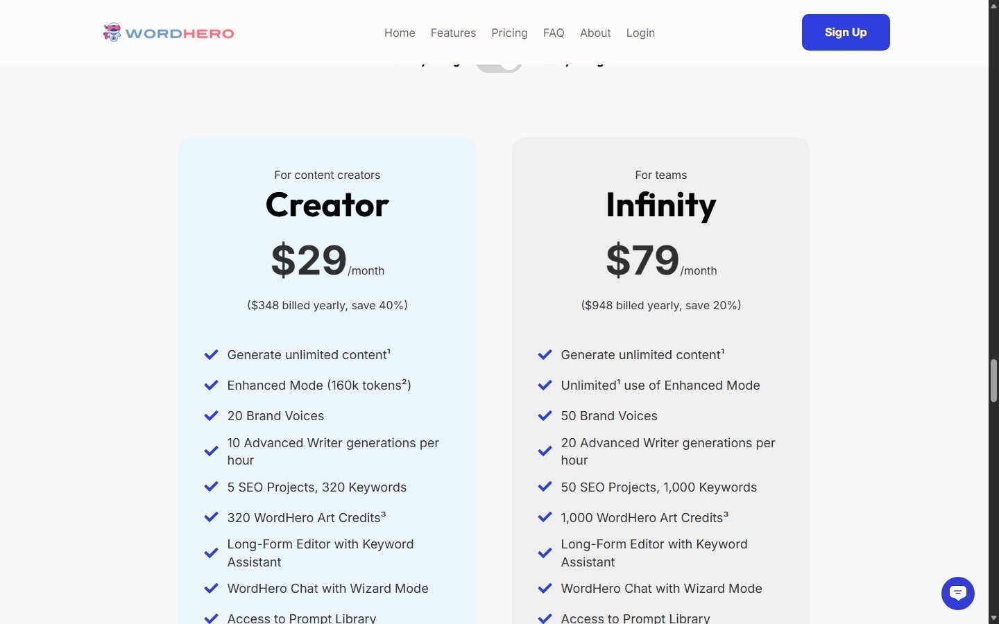 WordHero Creator $29 and Infinity $79 yearly equivalent pricing