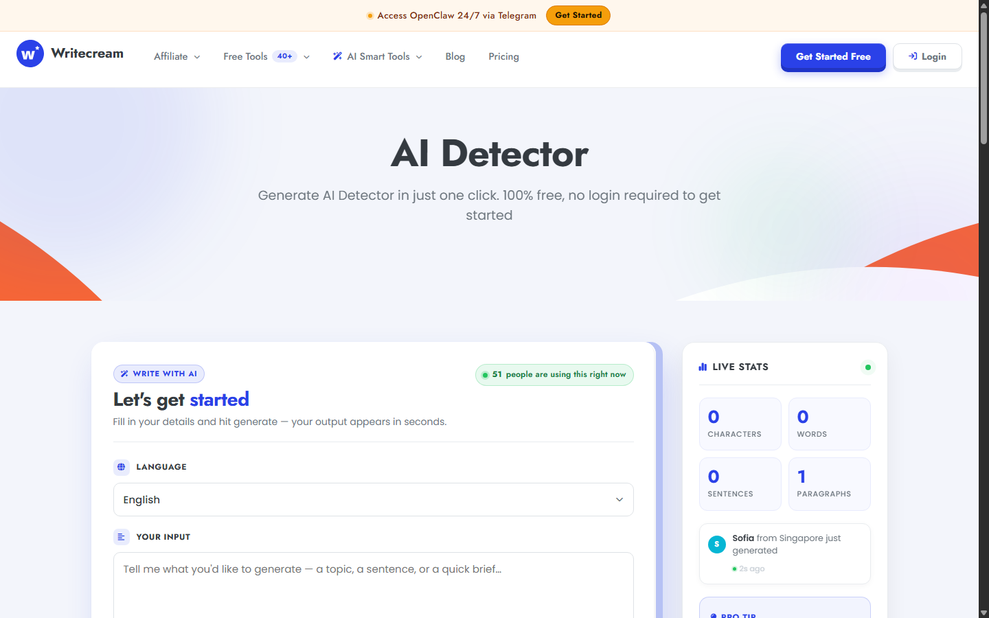 Writecream public AI Detector interface