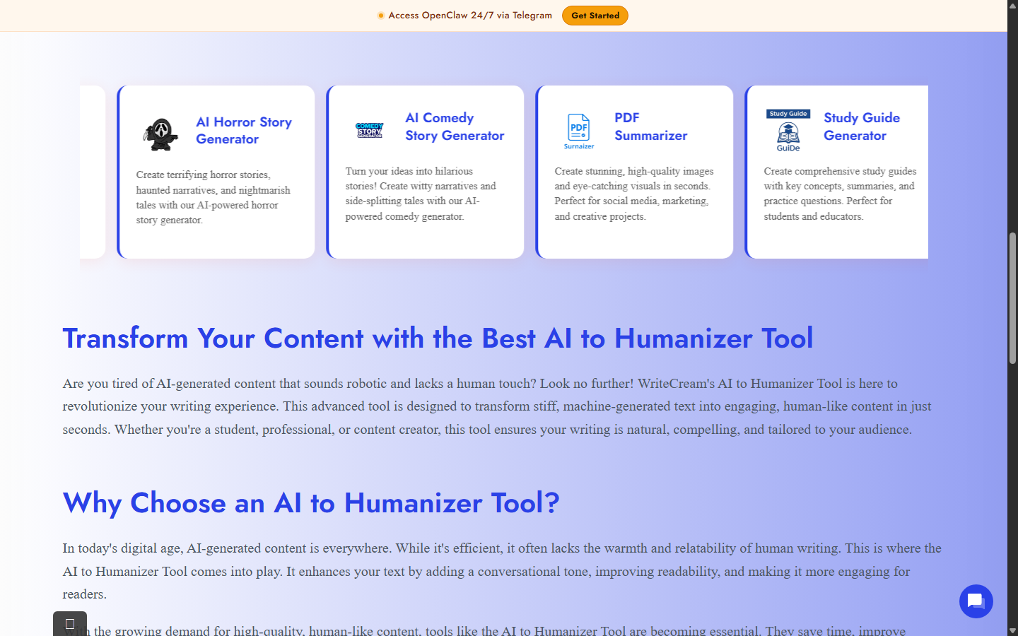 Writecream page describing AI-to-human rewriting benefits