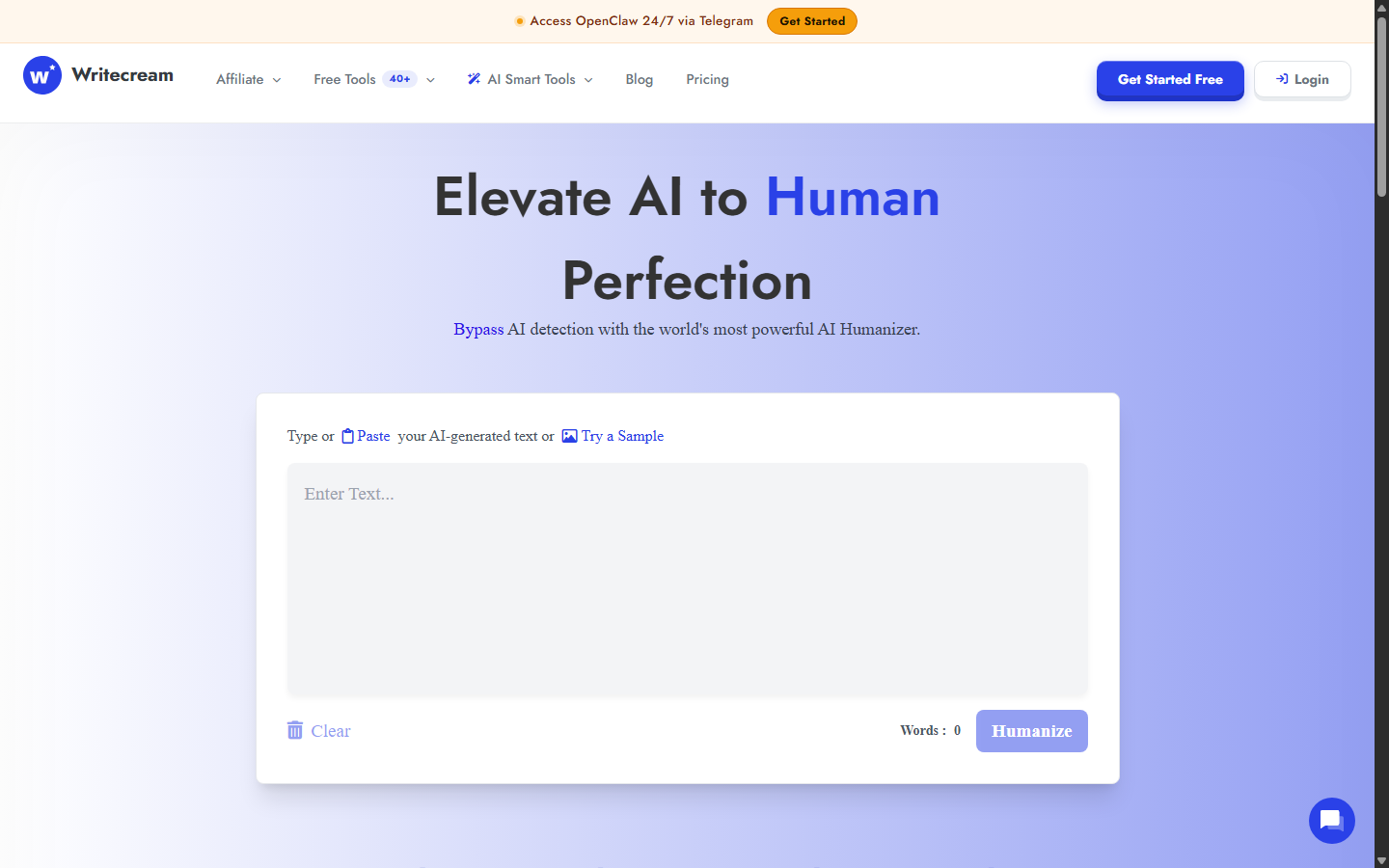Writecream AI Humanizer text input and Humanize control