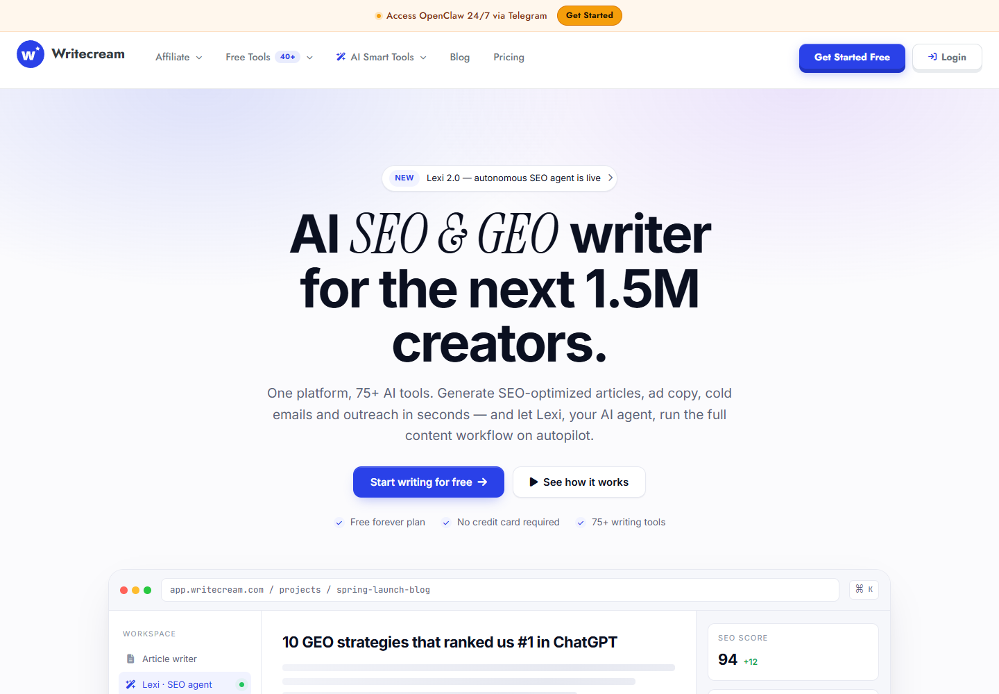 Writecream homepage presenting its current AI SEO and GEO positioning