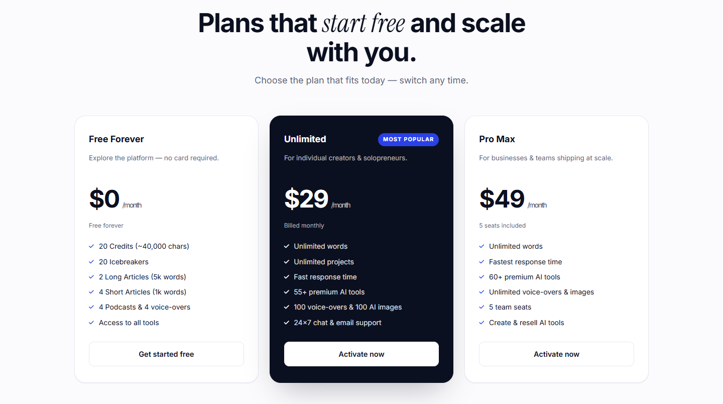 Writecream official pricing cards for Free Forever, Unlimited, and Pro Max