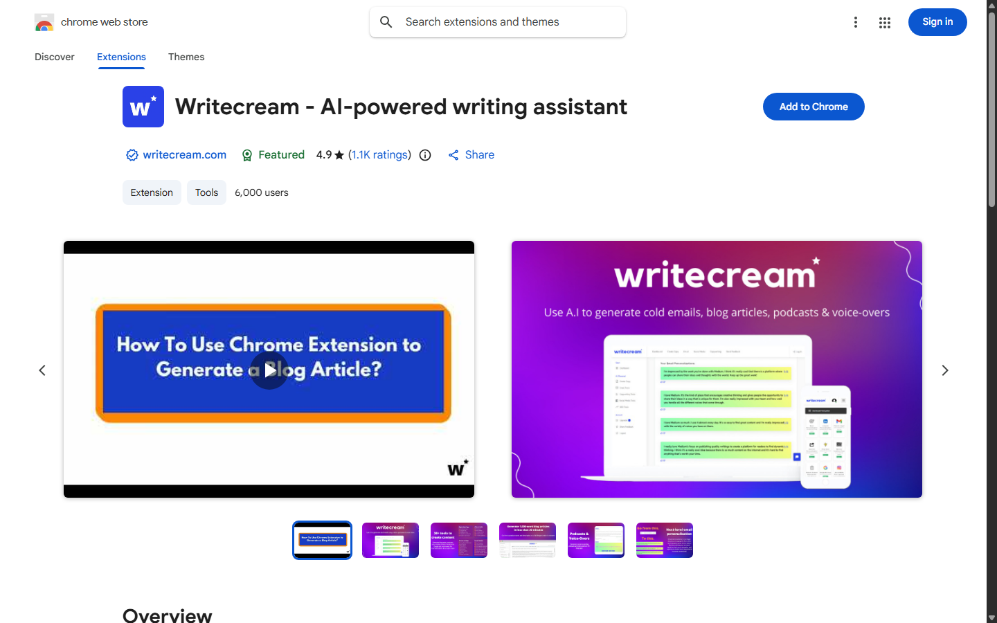 Writecream listing in the Chrome Web Store