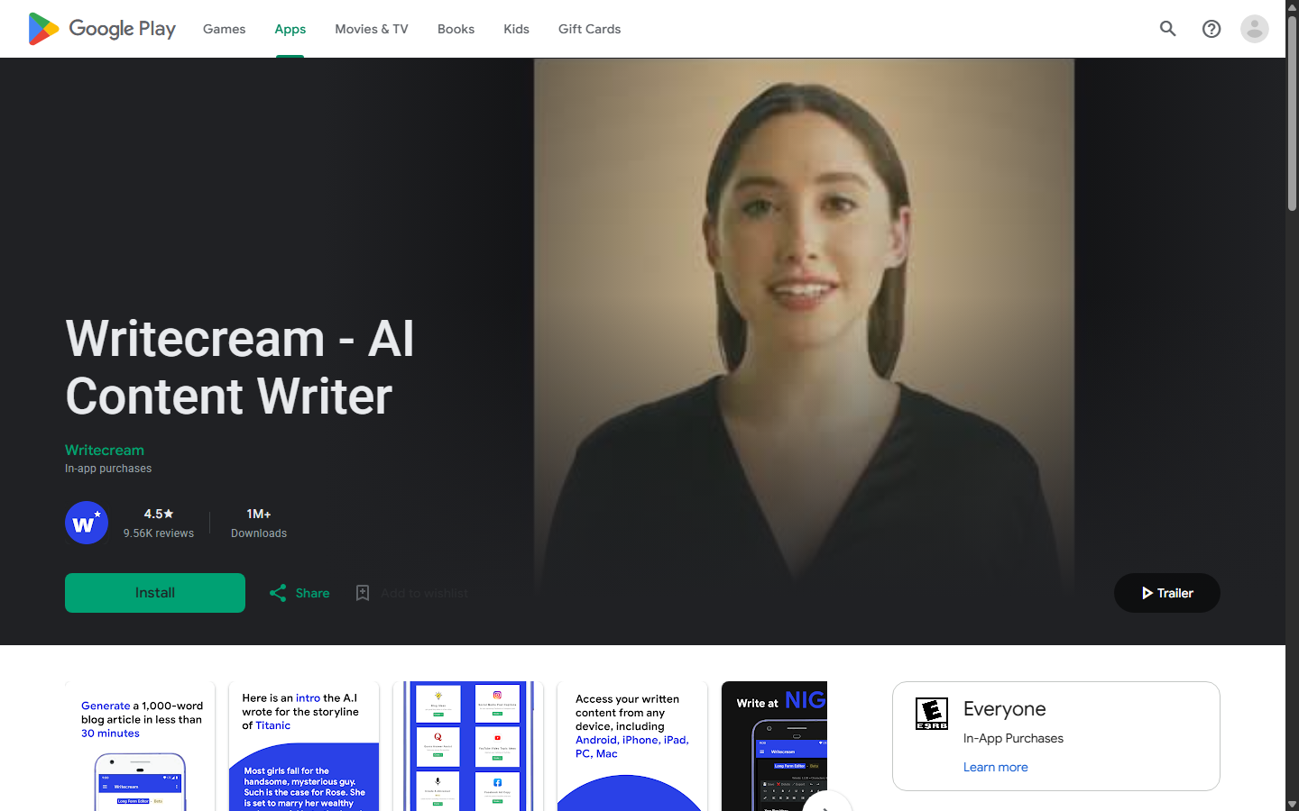 Writecream mobile app listing on Google Play